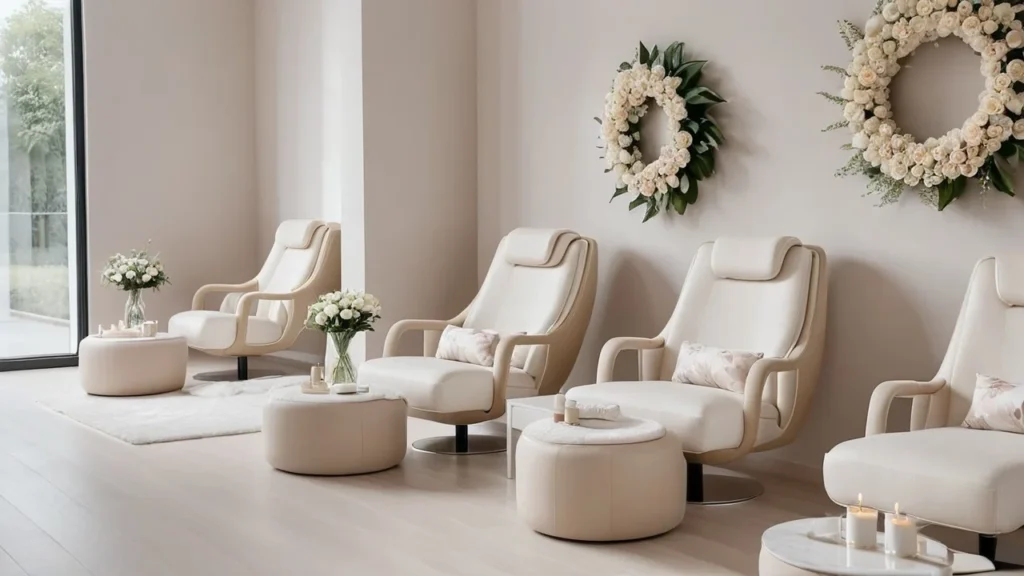 Luxury nail salon interior in New York with white chairs and neutral decor
