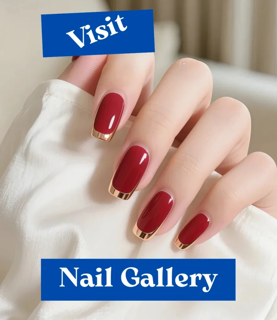 Close-up of glossy red nails with metallic gold French tips, elegant manicure style on smooth hand, Nail Republic Nail Gallery