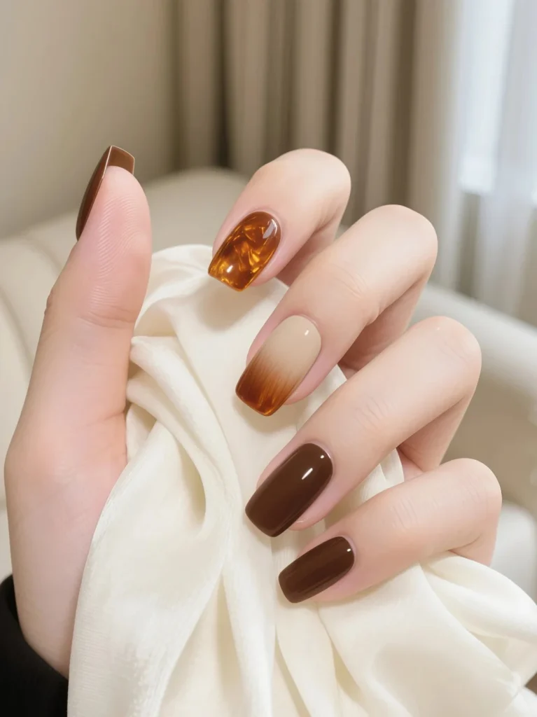 Long nude brown nails featuring amber-marble design detail