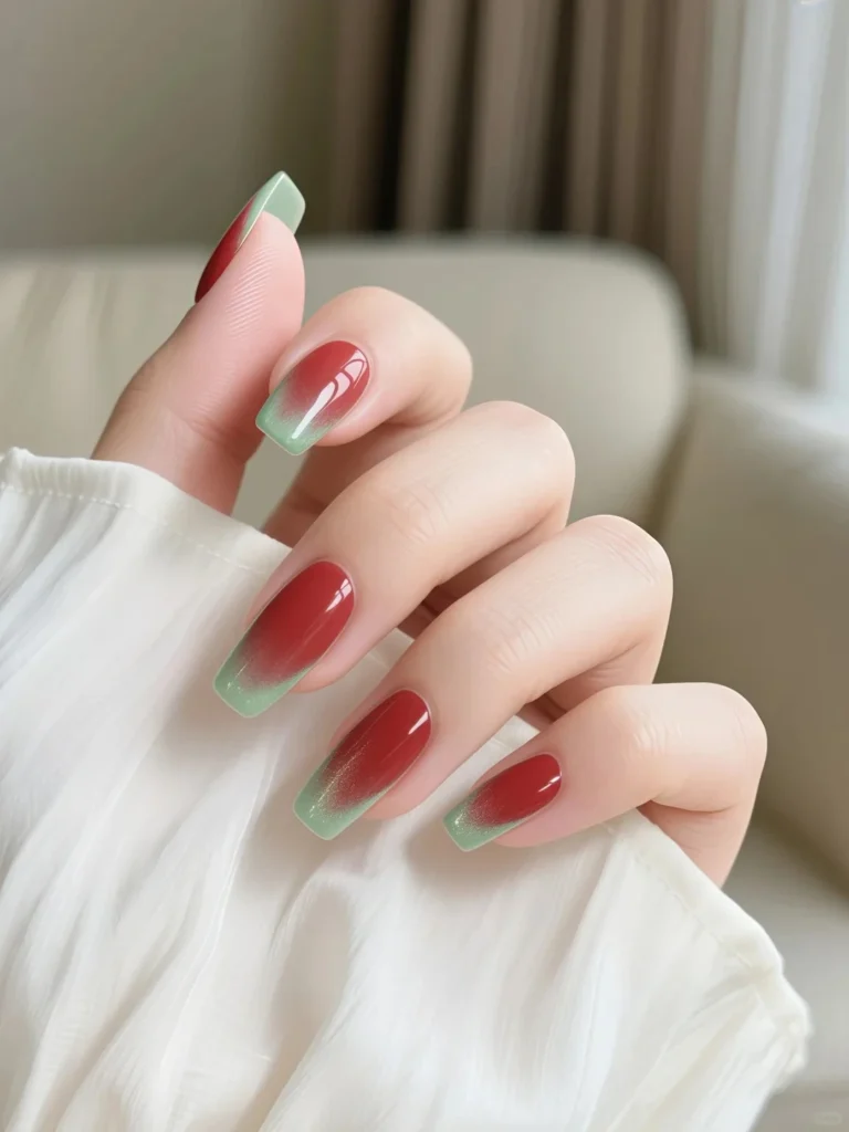 Ombre red nails with mint green tips, long glossy manicure aesthetic