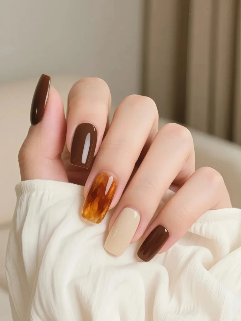 Neutral brown nails with amber shell accent and creamy beige tone