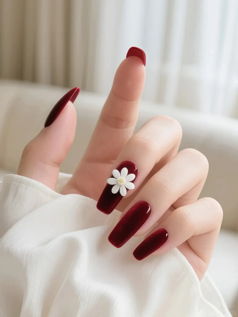 Deep maroon manicure with cute white daisy floral nail design
