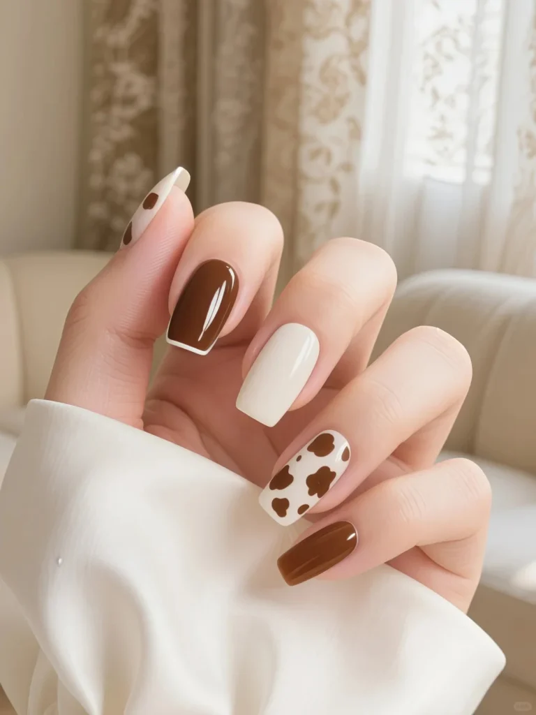 White and brown nail design featuring trendy cow print patterns
