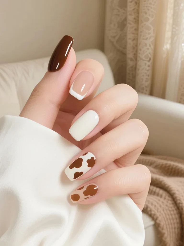 Nude brown manicure with cow print accent and glossy finish