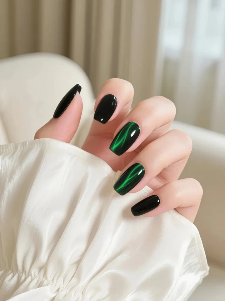 Modern green and black manicure with bold contrast finish.
