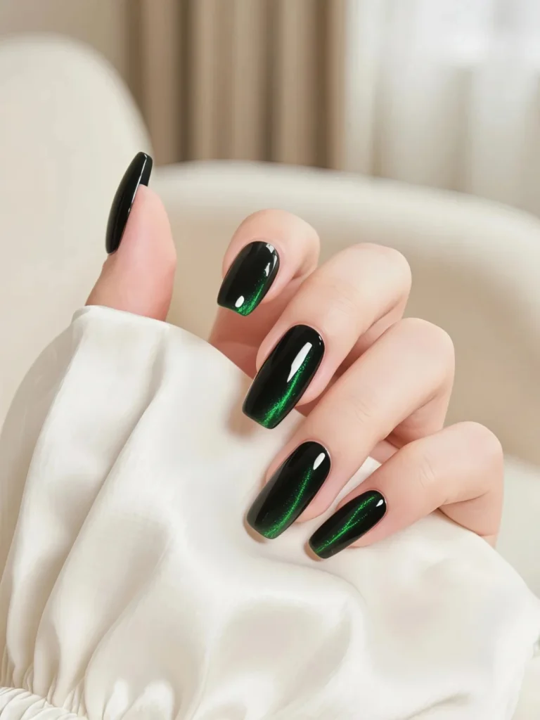 Long glossy emerald green nail design with deep shine
