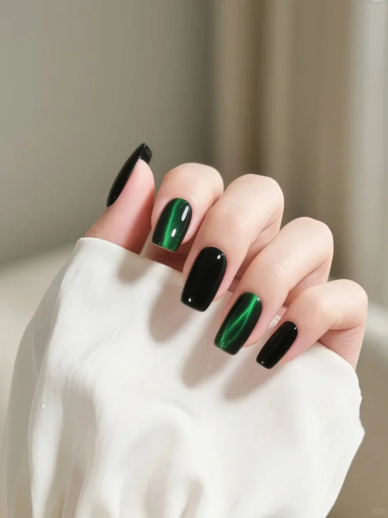 Black and green combination manicure with high-shine finish
