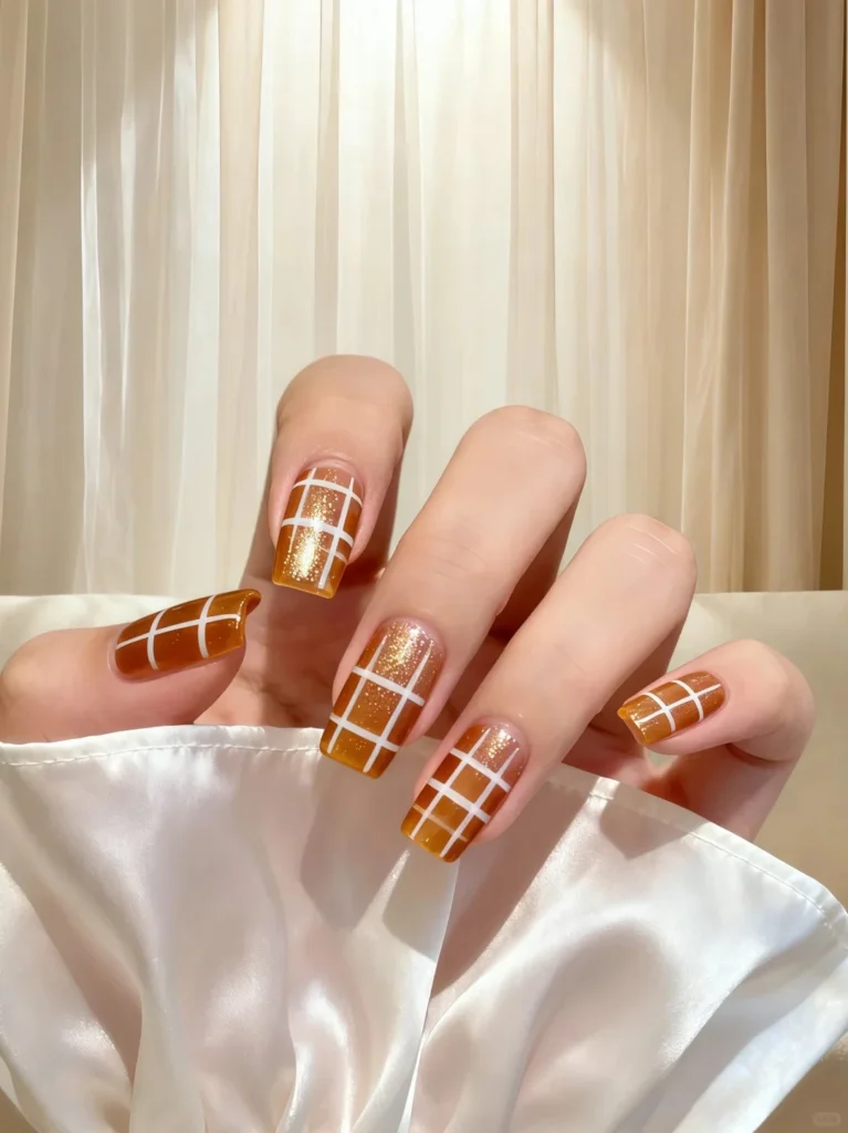 Long plaid pattern nails in coffee and gold tones