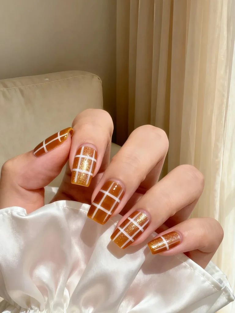 Coffee brown nails with golden plaid accent for cozy fall style