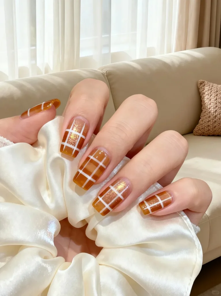 Elegant long nails with gold checkered plaid design