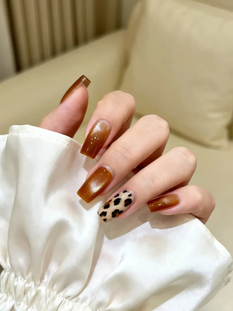 Chic golden brown manicure with glossy leopard accent pattern.