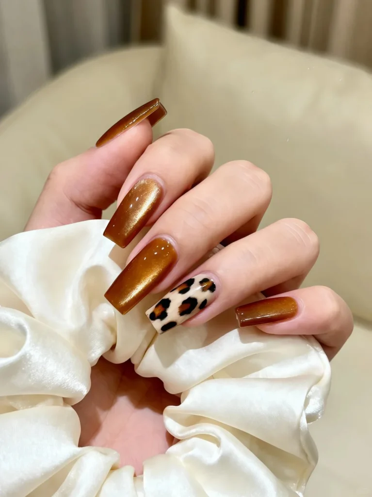 Glossy brown manicure paired with leopard pattern accent nail.