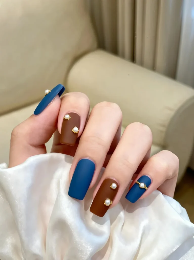 Stylish navy blue nails with minimal white dot accents.