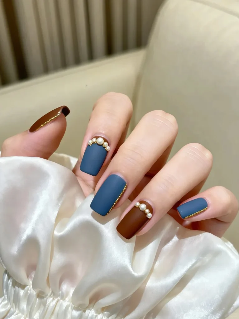 Trendy blue manicure featuring brown bordered tips.