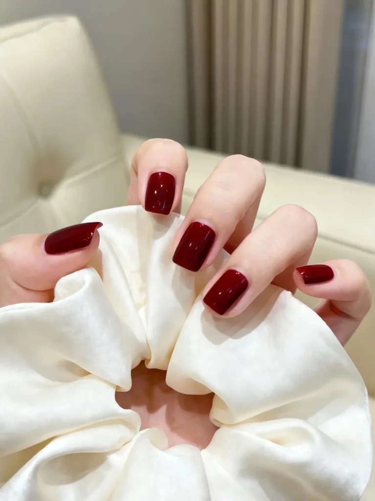 Dark wine red nails with sleek glossy surface.