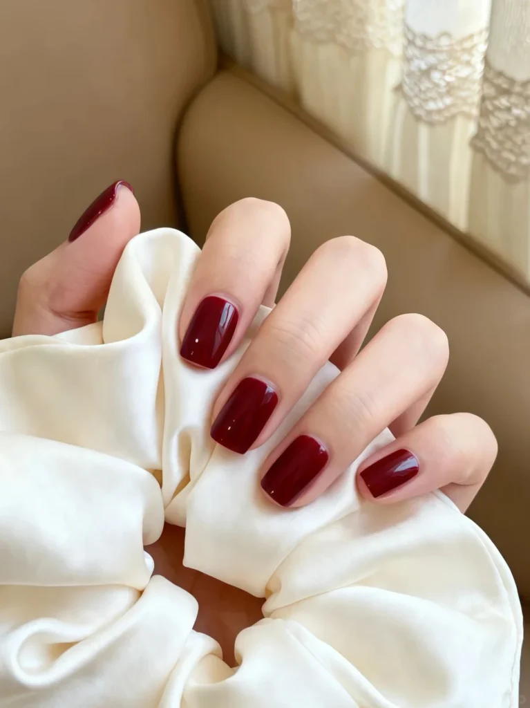Deep burgundy manicure featuring a shiny polished look.