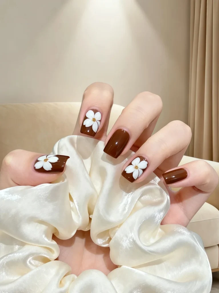 Cute brown manicure featuring white daisy flower designs.