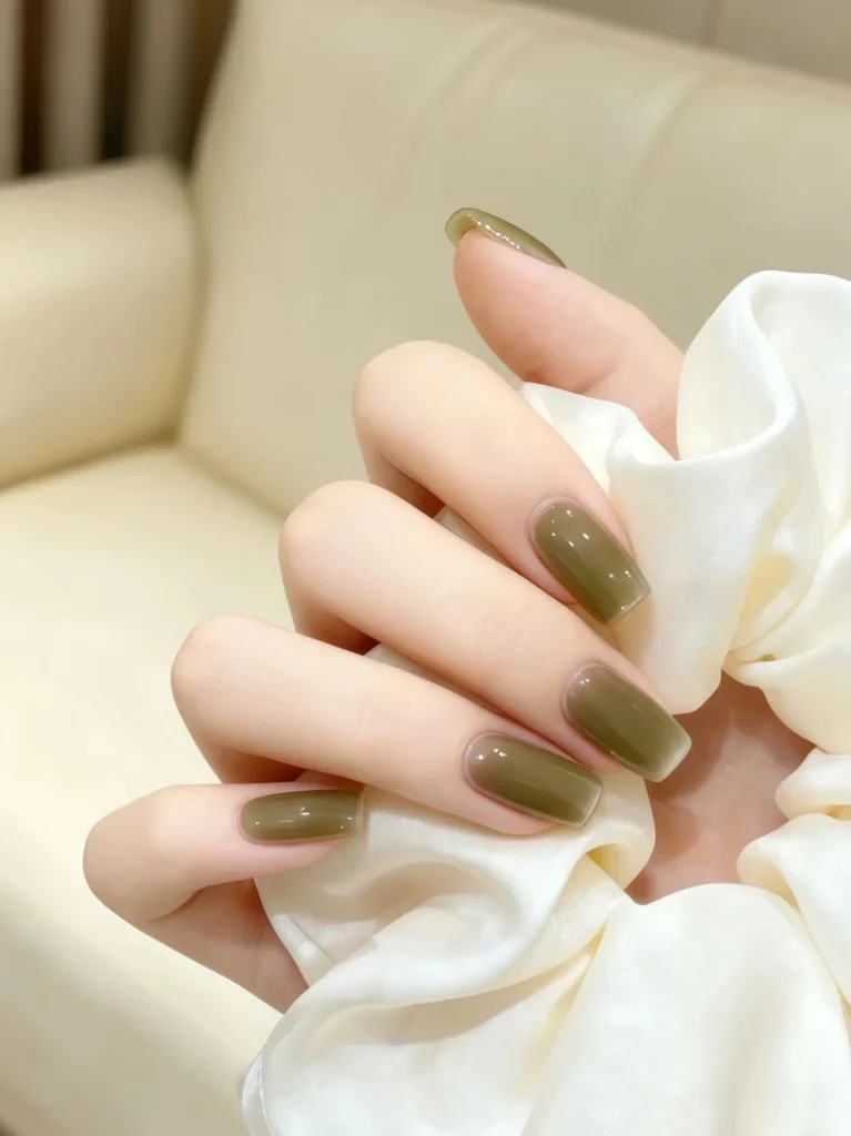 Elegant olive green nails with a subtle ombre gradient finish.