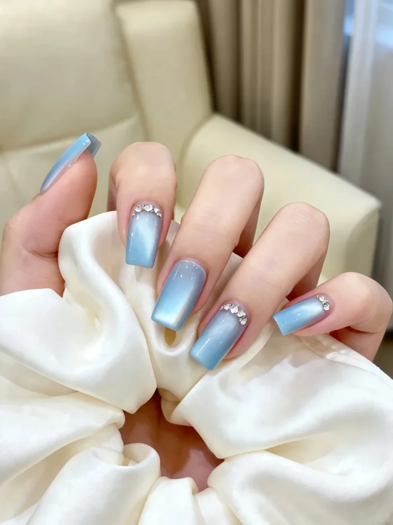 Soft baby blue nails with metallic reflection and glossy coating.