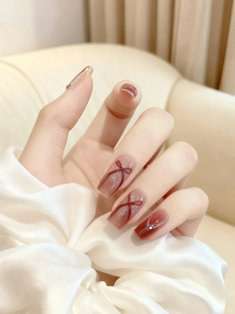 Minimal nude manicure accented with abstract red line art.