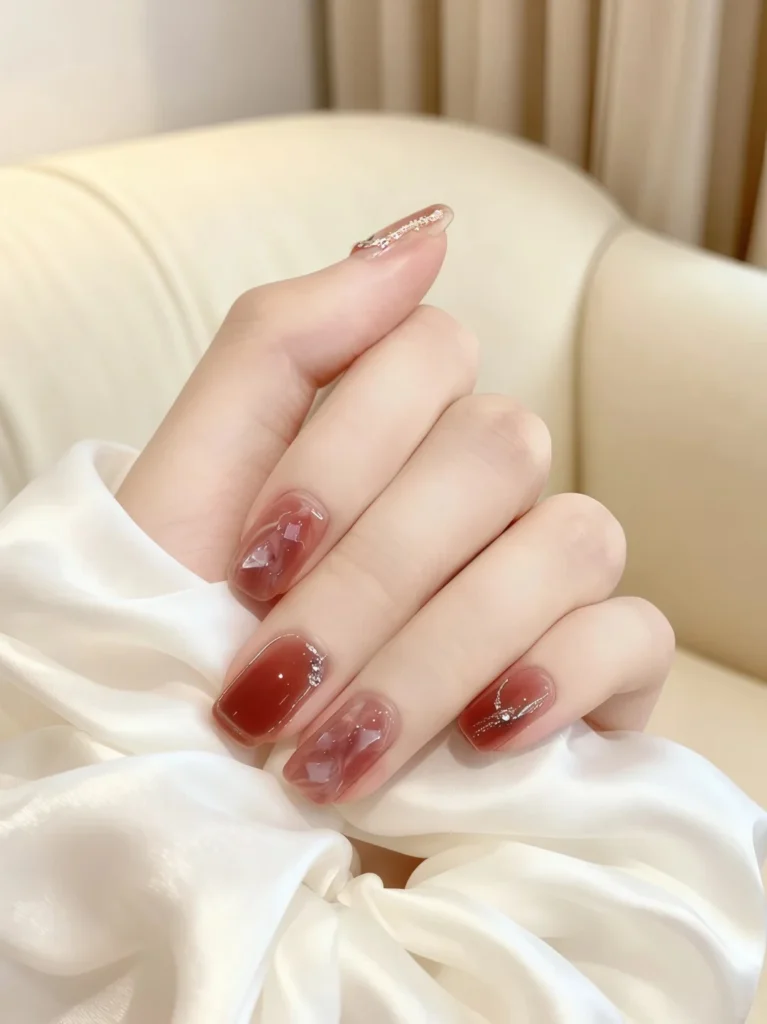 Burgundy nail design featuring natural ombre shading.