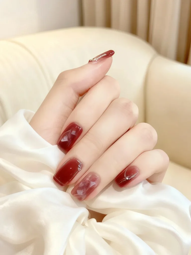 Glossy red ombre nails with soft color transition and shine.