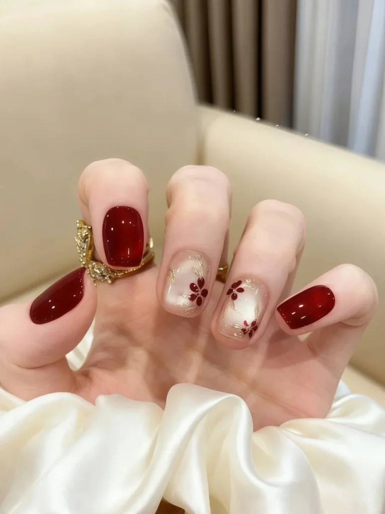 Festive red glitter nails decorated with small white snowflakes.
