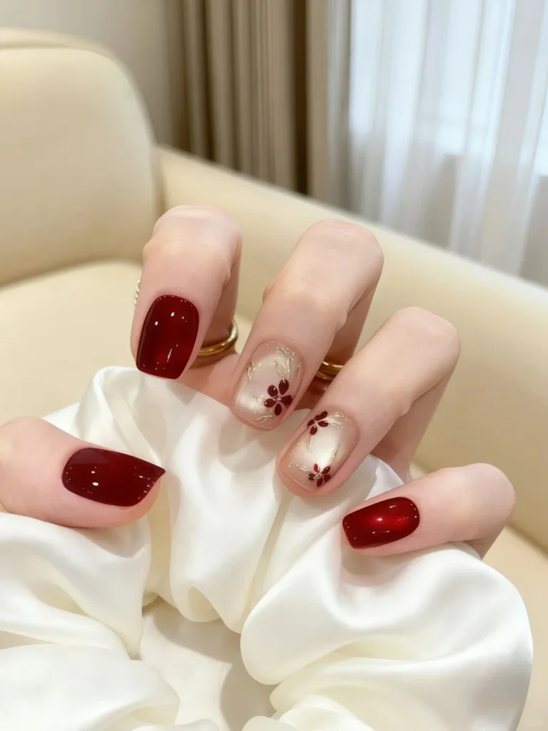 Elegant burgundy manicure with glossy top coat and rich color.