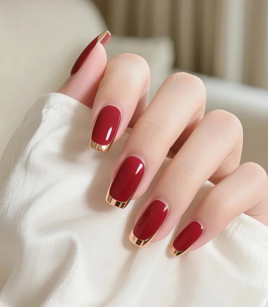 Elegant red nails finished with a fine gold edge detailing.