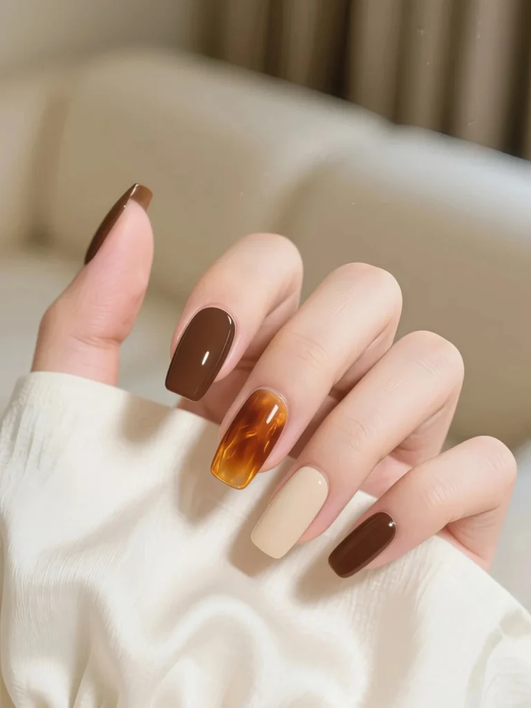 Brown and nude nails with glossy tortoiseshell accent design