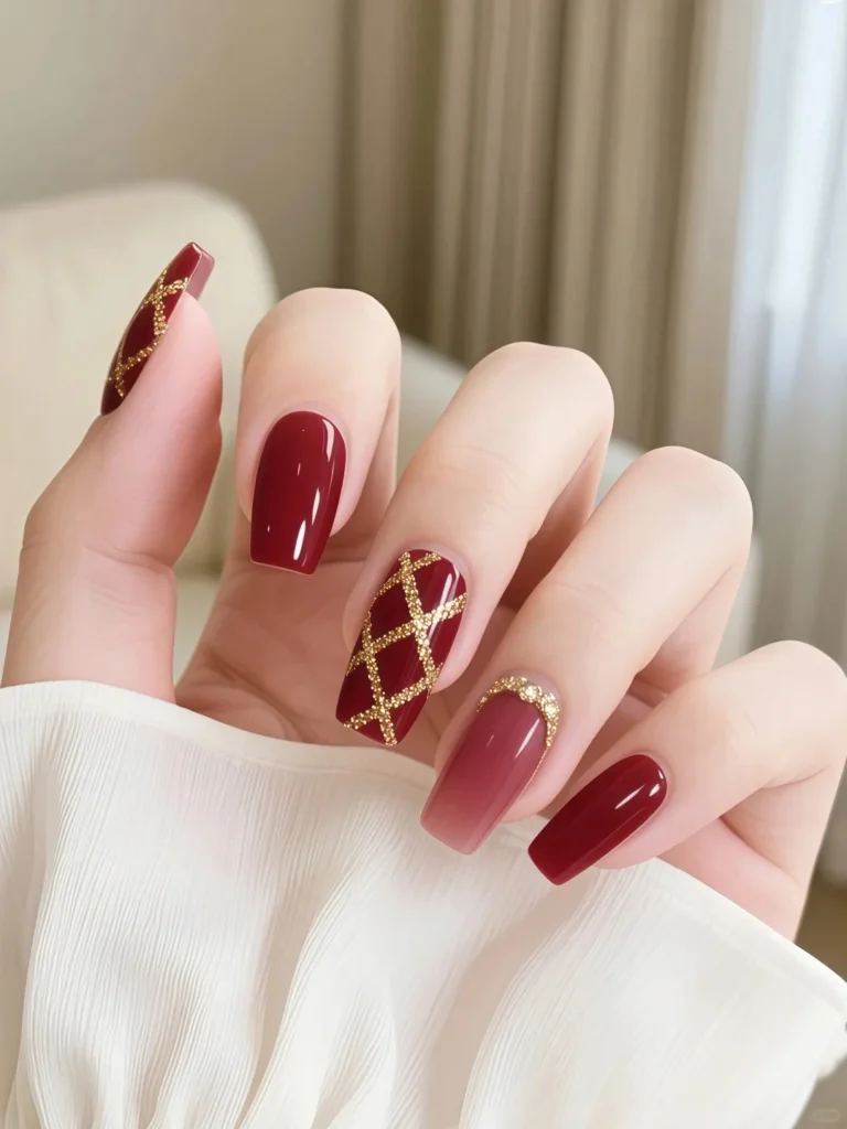 Shiny burgundy manicure decorated with golden plaid stripes