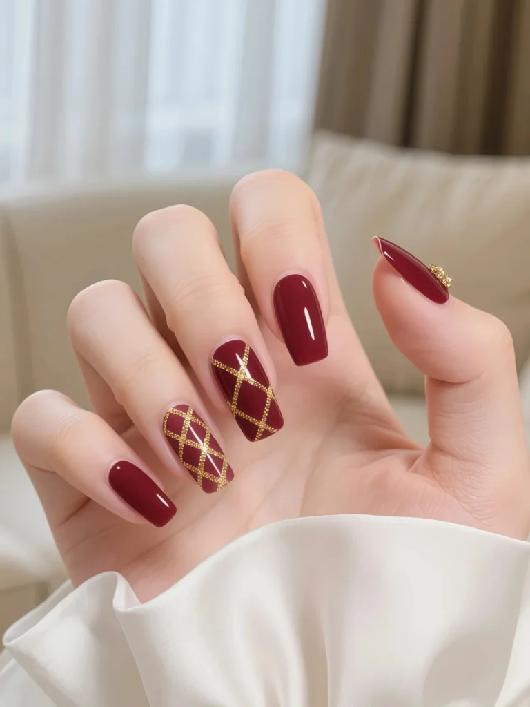 Red manicure featuring golden grid pattern for festive style