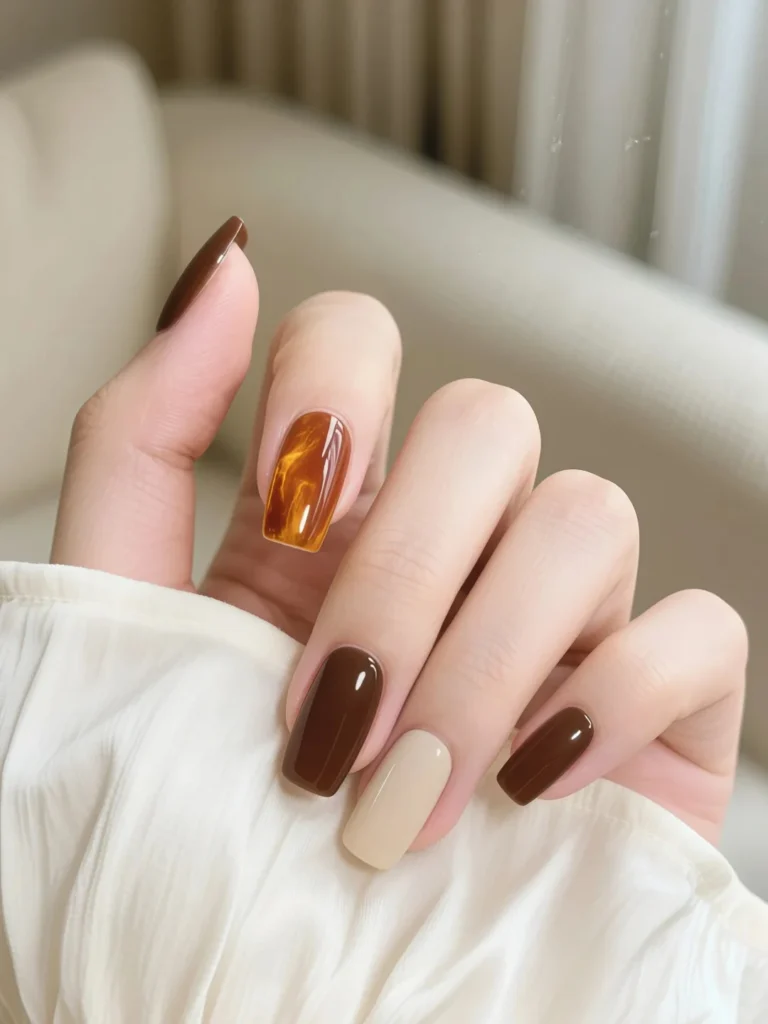 Neutral manicure with warm amber-brown accents and nude tones