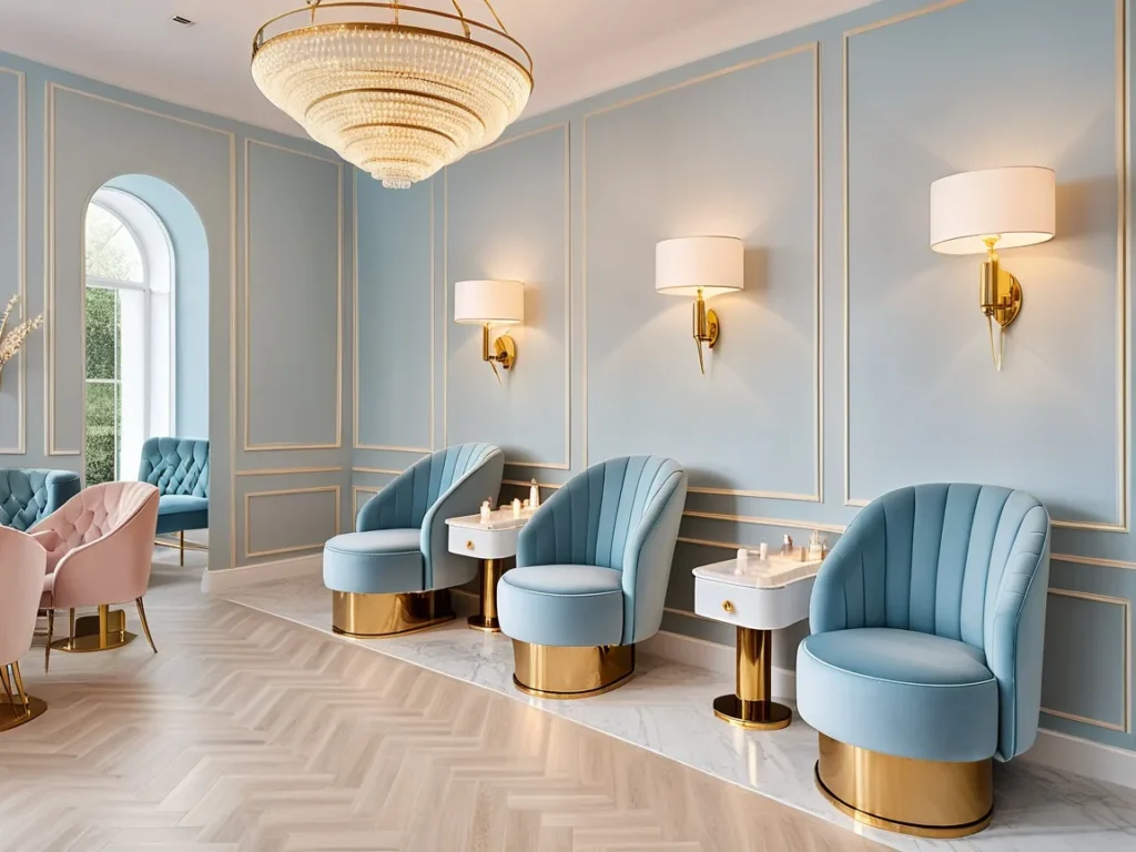 Acrylic Nails in Texas – Professional Nail Artists & Trendy Designs Stylish Texas nail salon with blue armchairs and golden side tables for acrylic nail services