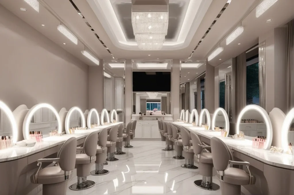 Modern luxury nail salon in Miami with white futuristic vanity stations