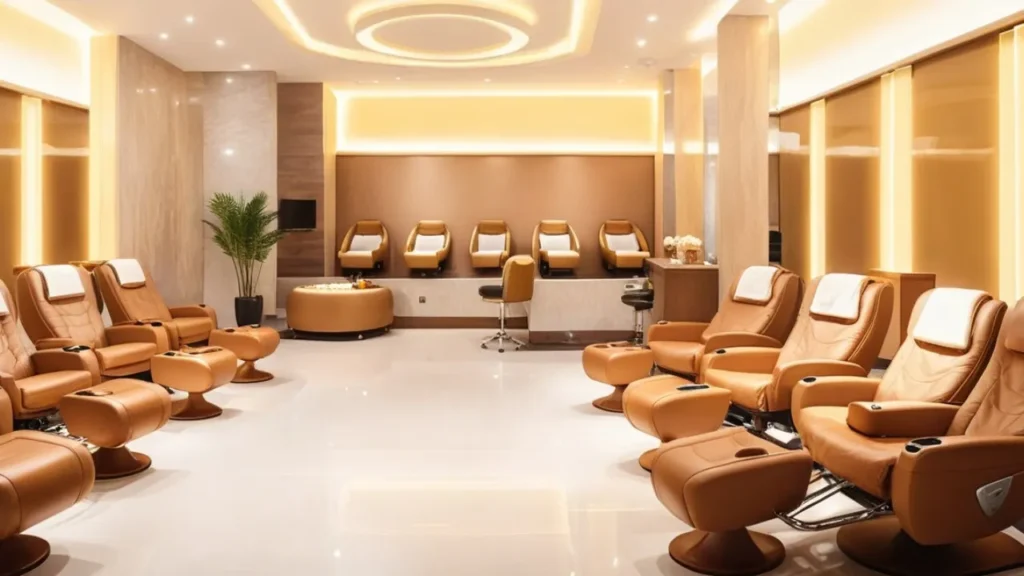 Florida luxury nail salon with modern pedicure chairs and soft warm lighting