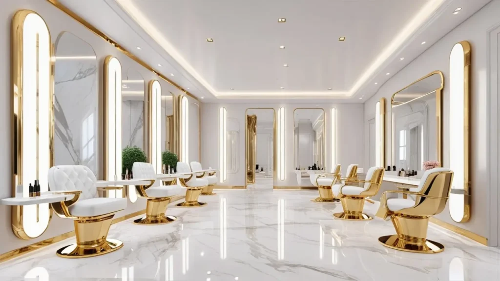 Luxury NYC nail salon interior featuring white marble floors and gold accents