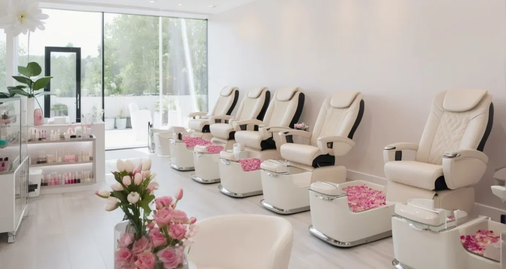 Modern Florida pedicure salon with plush white massage chairs