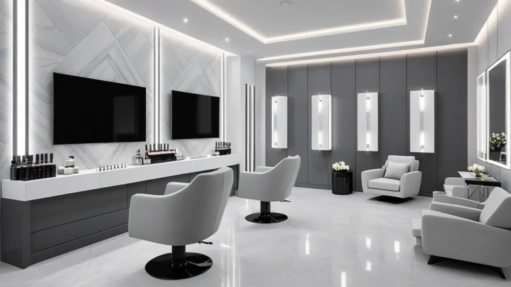 Clean nail salon in NYC with white and gray minimalist interior