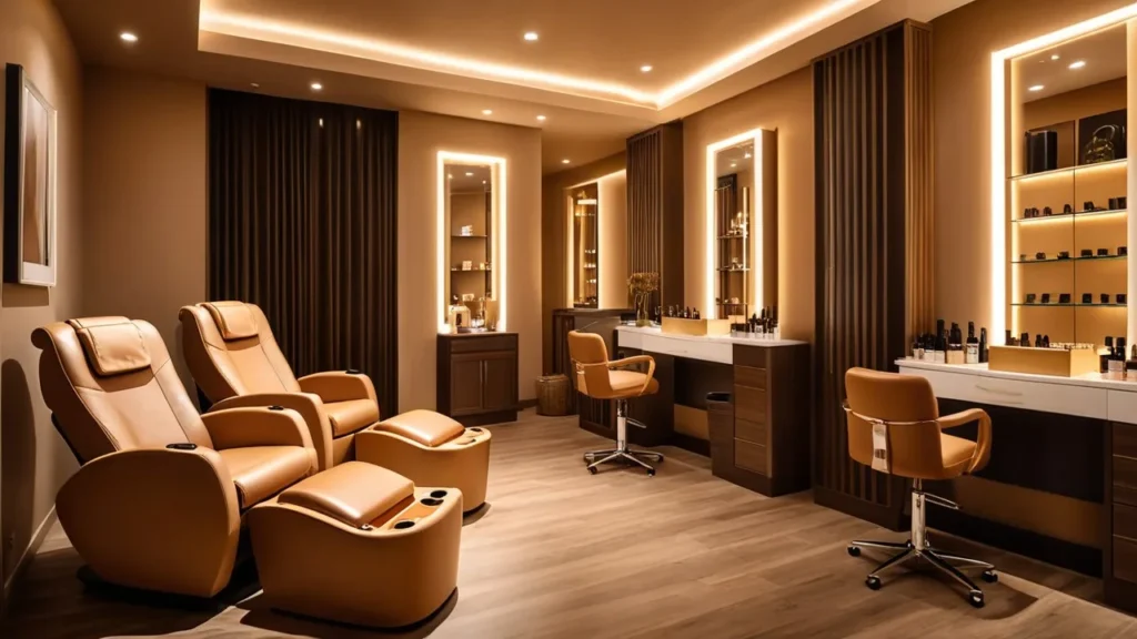 Cozy Florida nail spa with warm lighting and comfortable pedicure chairs