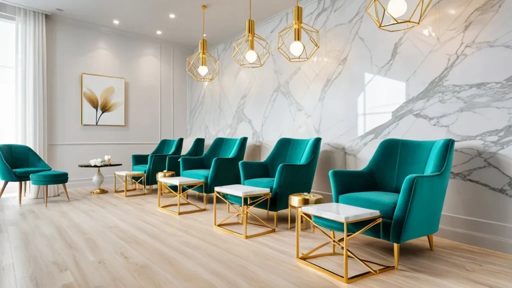 Florida gel nail salon with teal chairs, marble floors, and gold accents