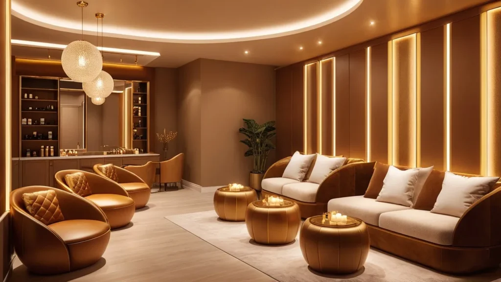 Upscale luxury nail salon in NYC with golden lighting and cozy lounge