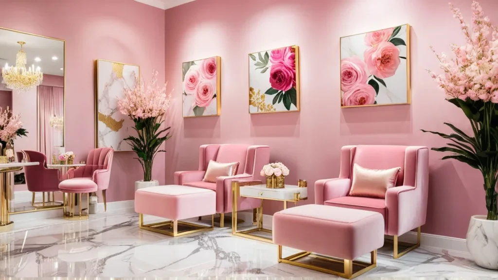 Pink nail art studio in Florida with floral wall décor and plush seating