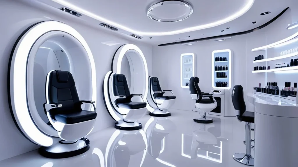 Modern futuristic nail art studio in New York with circular white chairs