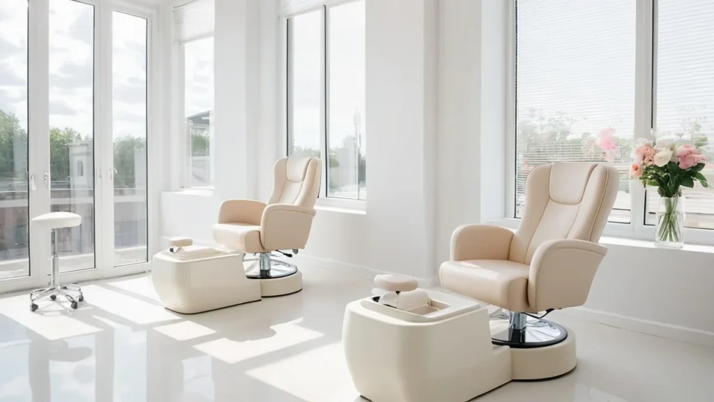 Bright Florida nail extension salon with white decor and natural light