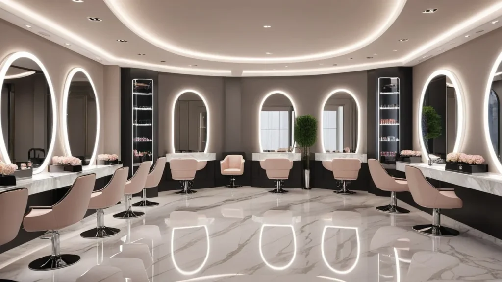 Stylish nail salon in Florida with elegant seating and circular ceiling lights