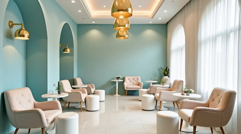 Nail Salon Texas – Modern Design and Professional Nail Care Elegant Texas nail salon with blue walls and golden lighting fixtures offering manicure and spa services