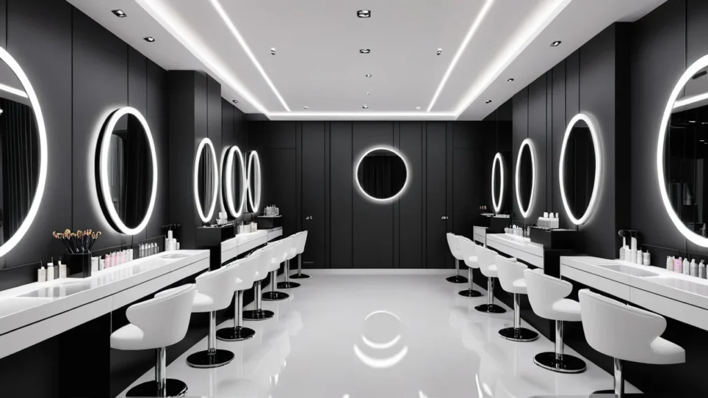 
Contemporary nail spa in Brooklyn with monochrome interior and circular mirrors
