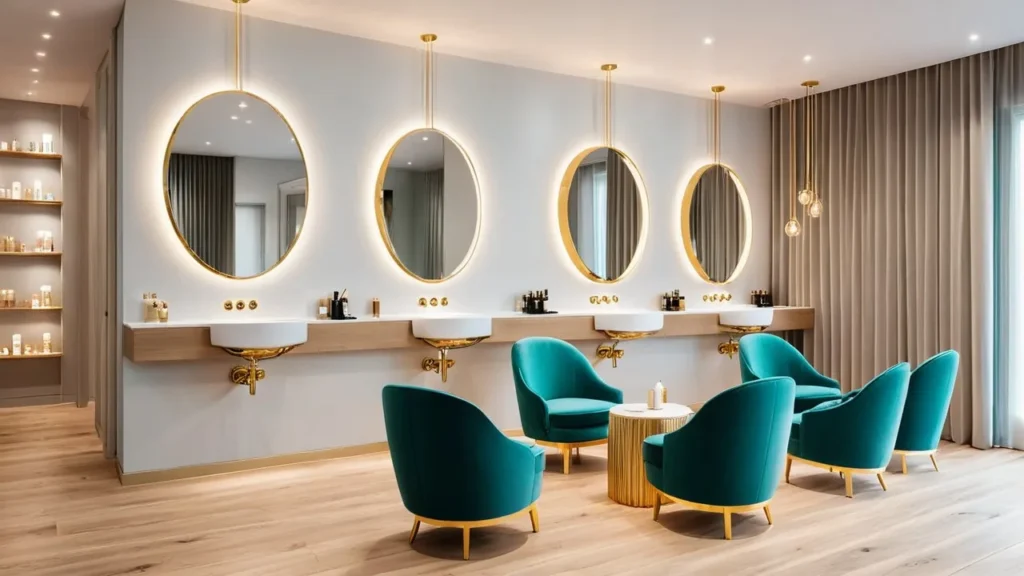 Elegant nail spa in Long Island with modern design and turquoise chairs