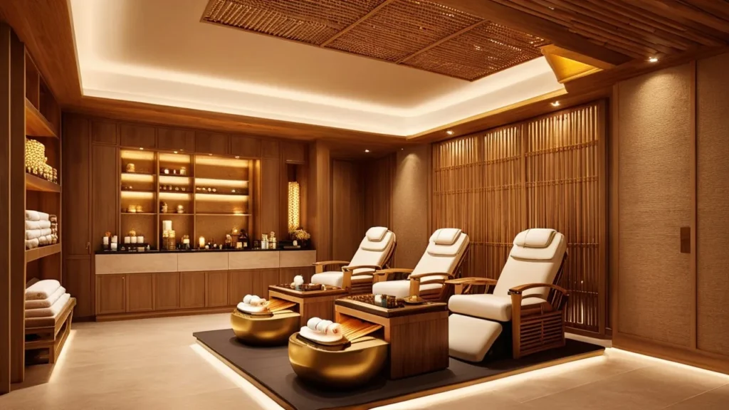 High-end nail spa in Orlando with wooden décor and plush nail chairs